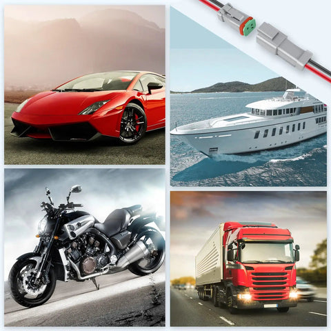 Plug-And-Play 2 Pin Waterproof Wiring Harness Pigtail Kit With 16 AWG Leads, shown with car, motorcycle, boat, and truck