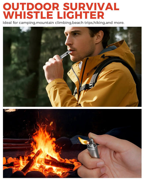 Three In One Fire Starter Survival Tool With Titanium Emergency Whistle Kerosene Lighter And Mini Pill Holder used outdoors
