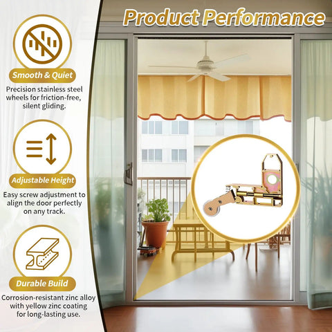Premium Heavy Duty Four Pack Sliding Screen Door Rollers With One Inch Concave Wheels And Height Adjusting Screws showcased in smooth gliding action.