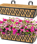 24 Inch Window Boxes Planters Two Pack With Adjustable Brackets For Porch Fence Patio Balcony Railing Planter Boxes With Coco Liners Hanging Flower Baskets Outdoor Garden Decor In Black showing metal frame and flowers