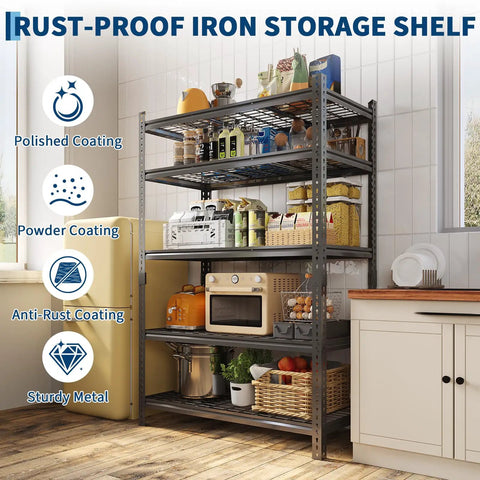 Rust Proof Iron Storage Shelf Two Pack No Tools Needed For Ten Minute Assembly in kitchen with food items and appliances