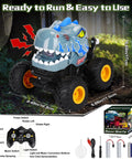 Remote Control Dinosaur Monster Truck For Kids Ages 4 7 8 12 With 50 Minutes Plus Runtime LED Lights Spray Effect 360 Degree Spin