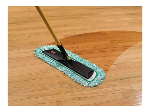 Heavy Duty 36 Inch Green Microfiber Dust Mop Pad With Extra Long Fringe For Pro Janitorial Jobs And Hard Floor Sweeping on wooden floor.