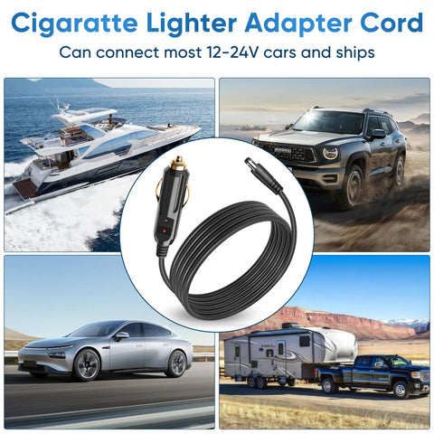 Kickstart Your Road Trips With This 6.5Ft DC Power Cord Featuring A Snug 5.5X2.1Mm Cigarette Lighter Plug For 12V To 24V Vehicles, shown with vehicles and boats.