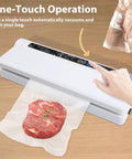 Powerful 75KPa Vacuum Sealer For Food With Digital Timer And One Touch Operation sealing meat in bag on wooden table