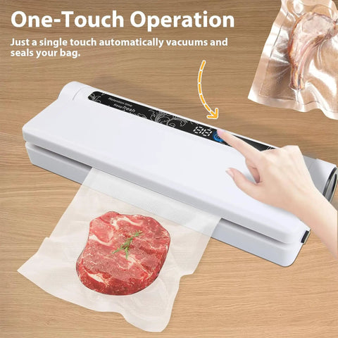 Powerful 75KPa Vacuum Sealer For Food With Digital Timer And One Touch Operation sealing meat in bag on wooden table