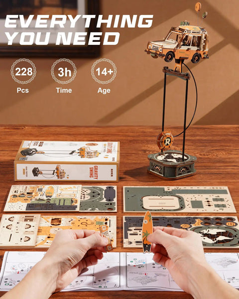 Dope Pendulum Balance Toy 3D Wooden Puzzle Kit For Adults, Retro road tripper car model, 228-piece wood kit, desk display