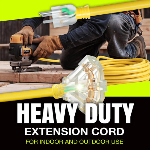 Worker using a 75 Foot Indoor Outdoor Extension Cord 3 Outlet Heavy Duty 12 Gauge 3 Conductor SJTW Waterproof Flexible Cord