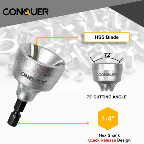 CONQUER HSS deburring external chamfer tool with 1/4-inch hex shank, quick release, 72-degree cutting angle