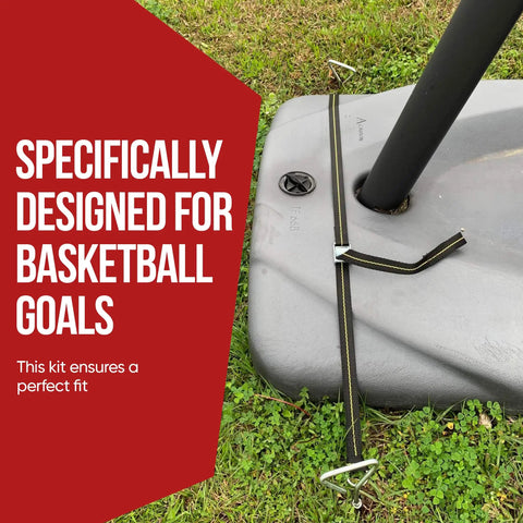 Heavy Duty Basketball Hoop Anchor Tie Down Kit For Secure Court Setup Ground Stakes shown installed on hoop base outdoors