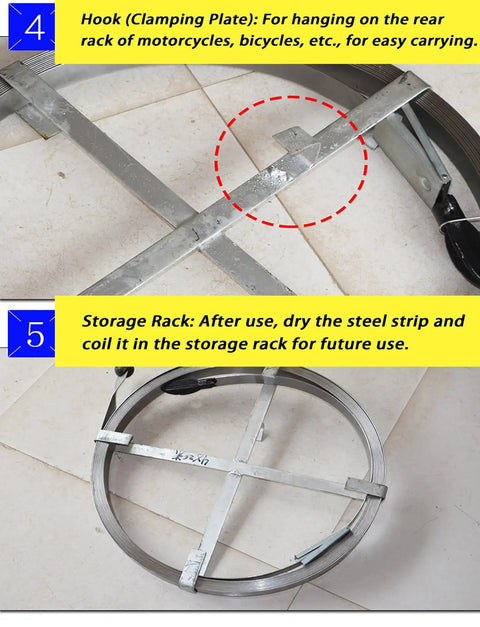 Hook and storage rack for Straight Up Heavy Duty Steel Drain Cleaning Strip And Flat Iron Bar Unclogger shown for easy carrying.