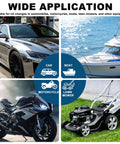 Image showcasing wide application of No Fuss 5L Transmission Fluid Pump For ATF And Gear Oil Transfer on car, boat, motorcycle, and lawn mower.