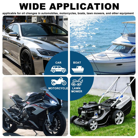 Image showcasing wide application of No Fuss 5L Transmission Fluid Pump For ATF And Gear Oil Transfer on car, boat, motorcycle, and lawn mower.