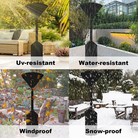 Image showing Heavy Duty Waterproof Patio Heater Cover For Standing Propane Heaters With Windproof Shield in various weather conditions