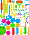JOYIN 44-piece kids clay tool set with colorful plastic molds, rollers, and cutters top-down view