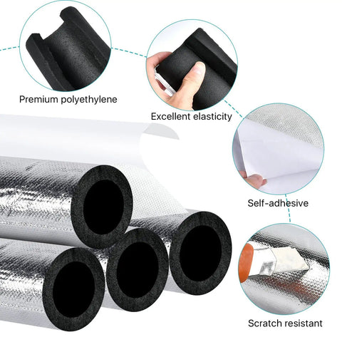 Insulated Pipe Foam Tubes Four Pack Pre Slit Self Adhesive 2 Inch 20mm Thick 40 cm length details, showing material and features.