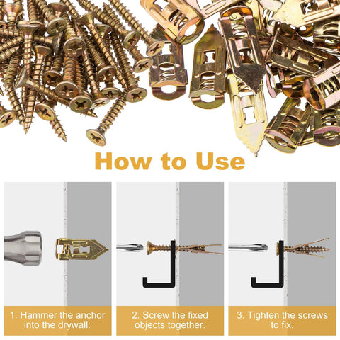 60 Pcs Self Drilling Anchors And Screws Kit For Heavy Duty Wall Mounting No Drill Required with usage instructions displayed