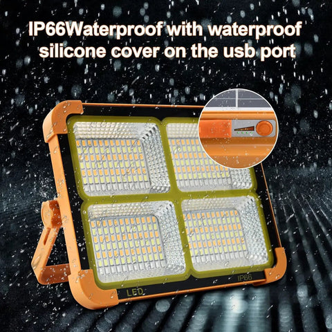 Solar Powered Work Light With 100W LED, 16500mAh Battery, 10000 Lumens, IP66 with waterproof silicone cover, front view