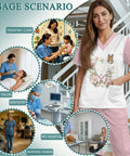 Stethoscope Teeth Print Scrubs Set for Women Pink Pants 2 Piece Nursing Uniform shown in various work scenarios