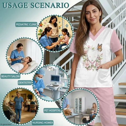Stethoscope Teeth Print Scrubs Set for Women Pink Pants 2 Piece Nursing Uniform shown in various work scenarios