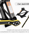 Heavy Duty Scissor Jack For Car With Slick Thread Action Portable Tire Changing Kit That Delivers A No Drama Lift Up To Two Thousand Pounds, detailed view of scissor jack and ratchet handle.
