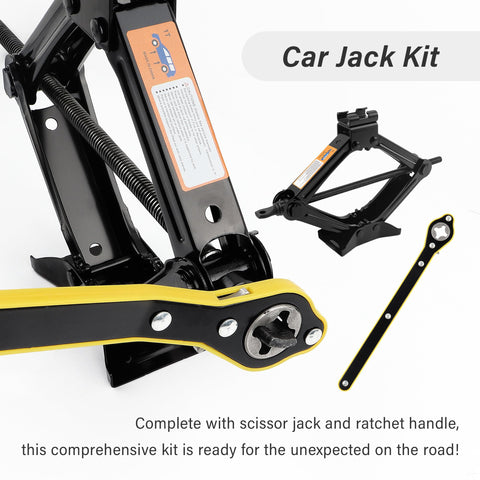 Heavy Duty Scissor Jack For Car With Slick Thread Action Portable Tire Changing Kit That Delivers A No Drama Lift Up To Two Thousand Pounds, detailed view of scissor jack and ratchet handle.