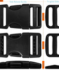1 Inch Webbing Buckles With Quick Side Release, 10 Sets And 20 Tri-Glide Slides, Fits 1 Inch Nylon Belts, shown front and side