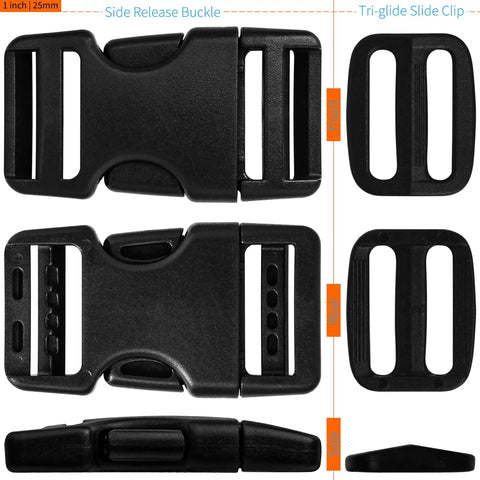 1 Inch Webbing Buckles With Quick Side Release, 10 Sets And 20 Tri-Glide Slides, Fits 1 Inch Nylon Belts, shown front and side