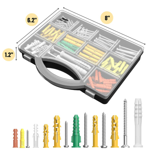 All In One Wall Anchors Kit With 370 Pieces For Picture Hanging And Wall Decor, detailed components in organized storage box