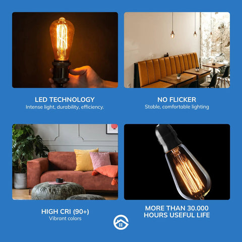 Dimmable Edison Style ST64 Amber Glass Filament Bulbs, 2700K Warm Glow, enhancing home or cafe ambiance, 60W 110V E26 Base.