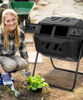Outdoor No-Fuss Compost Tumbler 43 Gallon Dual Chamber BPA Free Large Bin next to gardener in yard setting