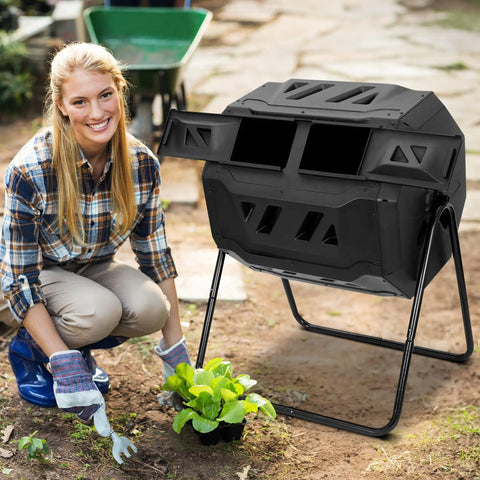 Outdoor No-Fuss Compost Tumbler 43 Gallon Dual Chamber BPA Free Large Bin next to gardener in yard setting