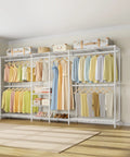 Heavy Duty Expandable Clothes Rack And Wardrobe Closet Organizer With Adjustable Multi Tier Shelves showcasing colorful clothes and shoes.