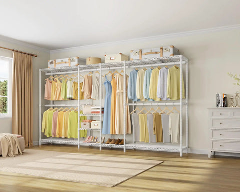 Heavy Duty Expandable Clothes Rack And Wardrobe Closet Organizer With Adjustable Multi Tier Shelves showcasing colorful clothes and shoes.