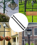 Heavy Duty Steel Cross Arm Bracket For Lamp Posts, Black Powder Coated, showcasing light and planter attachments.