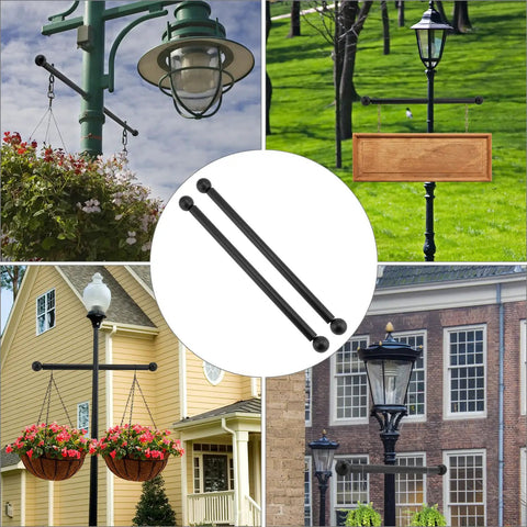 Heavy Duty Steel Cross Arm Bracket For Lamp Posts, Black Powder Coated, showcasing light and planter attachments.