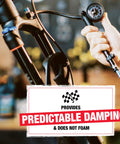 15Wt Suspension Oil For All Bike Forks And Seals Premium Semi Synthetic Non Foaming Fluid Delivers Consistent Damping And Race Proven Performance 16oz Bottle shown with bike pump and quote for predictable damping.