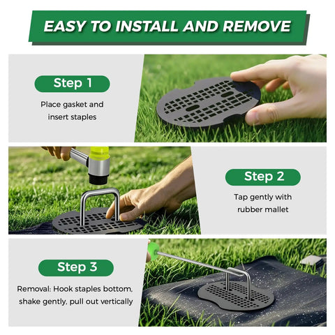 Installation steps for Beefed Up Six Inch Landscape Staples Kit With Fifty Galvanized U Shaped Stakes Fifty Gaskets Pick Hook And Rubber Mallet For Lawn Sod Weed Mat 11 Gauge Garden Pins For Yard.