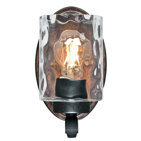 One Light Indoor Wall Sconce In Textured Iron And Barnwood Finish With Clear Hammered Glass Shade, Vintage Vibe