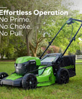 Cordless Yard Tool Bundle With 21 Inch Self Propelled Lawn Mower in a garden setting, showcasing effortless operation features.