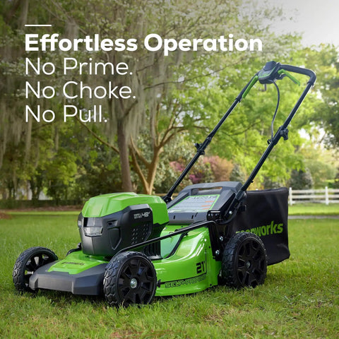Cordless Yard Tool Bundle With 21 Inch Self Propelled Lawn Mower in a garden setting, showcasing effortless operation features.