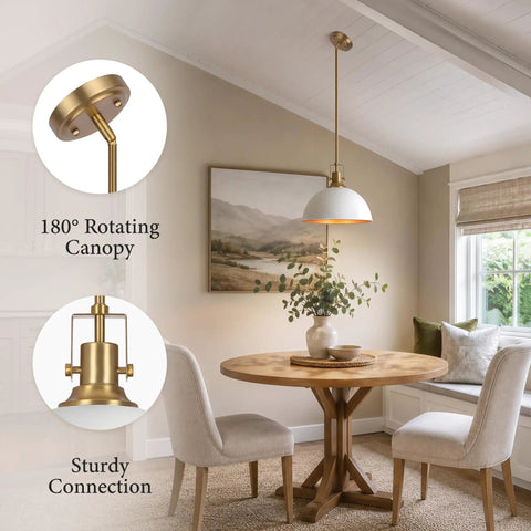 Caiselee 13 in Dome Pendant Light, 1-Light White and Gold Pendant Lighting with 180° rotating canopy above a dining table.