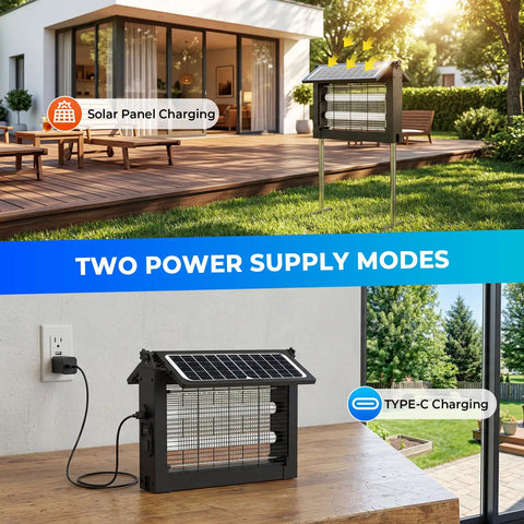 Upgraded Solar Bug Zapper Outdoor With Dual Foldable Panels 4500V Cordless Rechargeable Waterproof Mosquito Killer For Patio Garden Backyard RV Camping Pond, showing solar and Type-C charging modes.