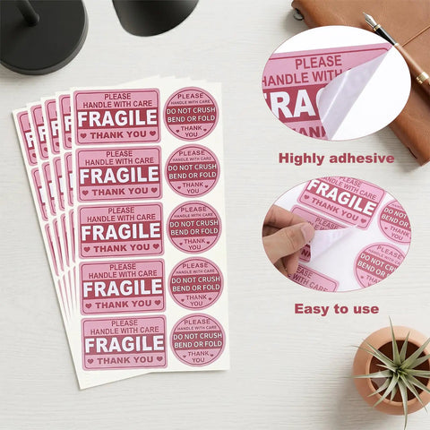 Hot Pink Fragile Stickers For Shipping Do Not Bend Do Not Crush Handle With Care Labels Pack Of 500 shown with adhesive backing
