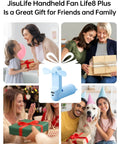 Power Bank Handheld Fan With 4500mAh Battery Folding Personal Fan at center with gifts and happy people celebrating.