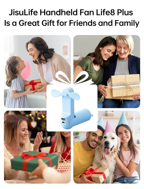 Power Bank Handheld Fan With 4500mAh Battery Folding Personal Fan at center with gifts and happy people celebrating.
