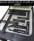 Laser Engraver Fence Kit For F1, F1 Lite And F2 - 8 Piece Fixture Guide Set shown installed on laser bed, plastic material, includes hardware