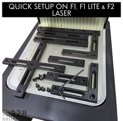 Laser Engraver Fence Kit For F1, F1 Lite And F2 - 8 Piece Fixture Guide Set shown installed on laser bed, plastic material, includes hardware