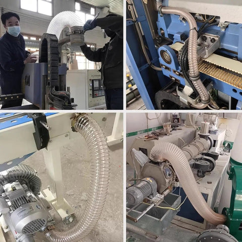 Flexible Dust Collection Hose 45mm One Point Eight Inch Clear Extraction Pipe in woodworking tool setup