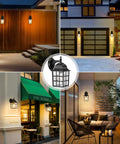 Various installations of Dope Dusk To Dawn Outdoor Wall Lanterns 2 Pack Black Photocell Sensor Exterior Lights on buildings.